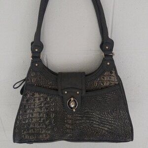 Gray purse with organization. Croc & gold accents.